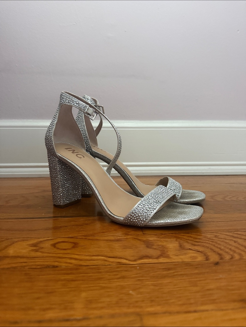 INC Silver Rhinestone Block Heel Sandals